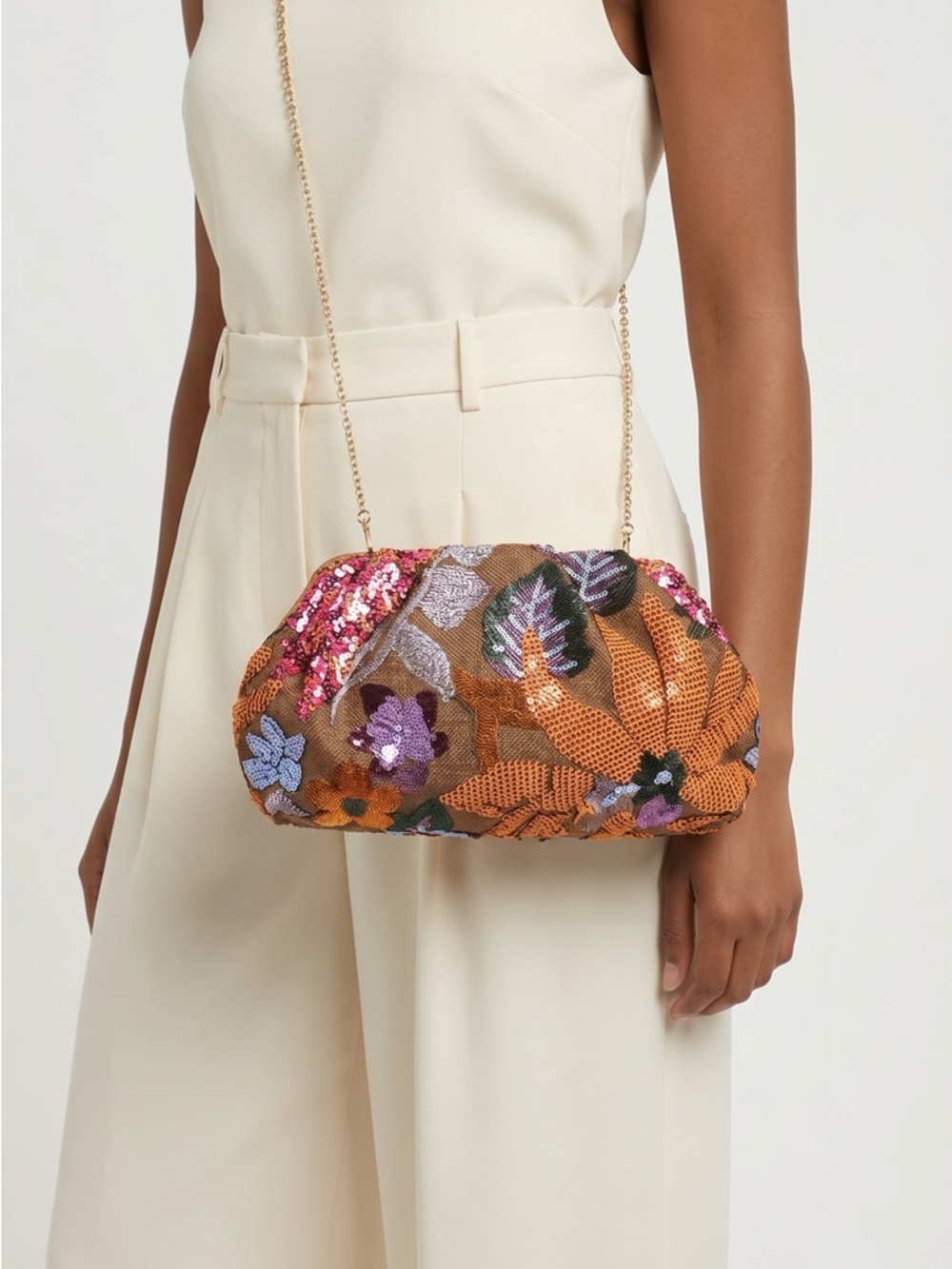 Sequined Floral Evening Clutch - Orange Multi